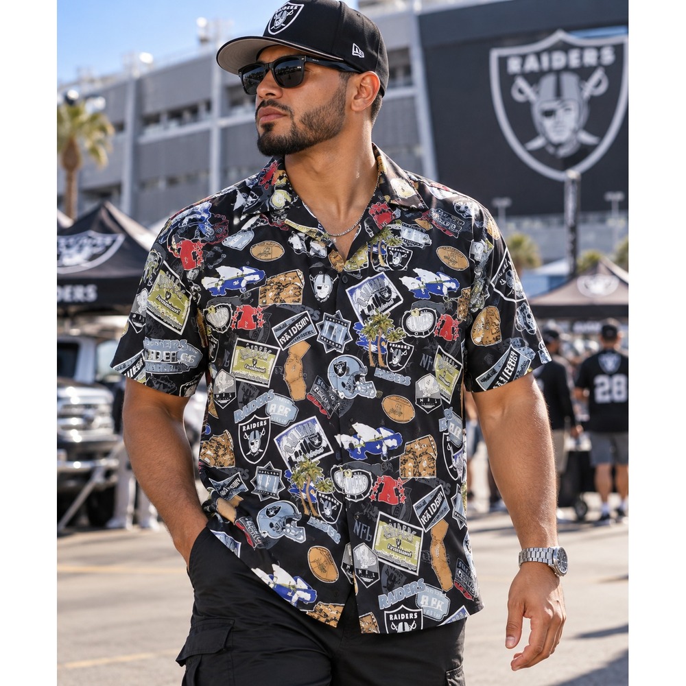 Vintage 90s NFL Oakland Raiders All Over Print Hawaiian Palm Shirt Button Up M